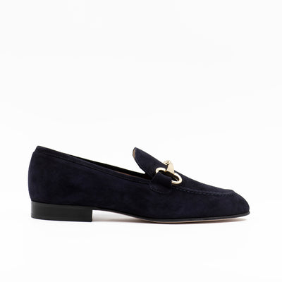 Navy suede horsebit loafer