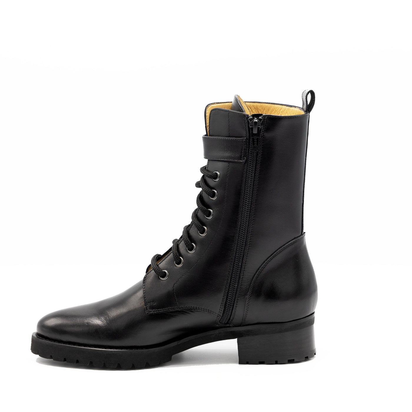 Women's black leather combat boots with zipper