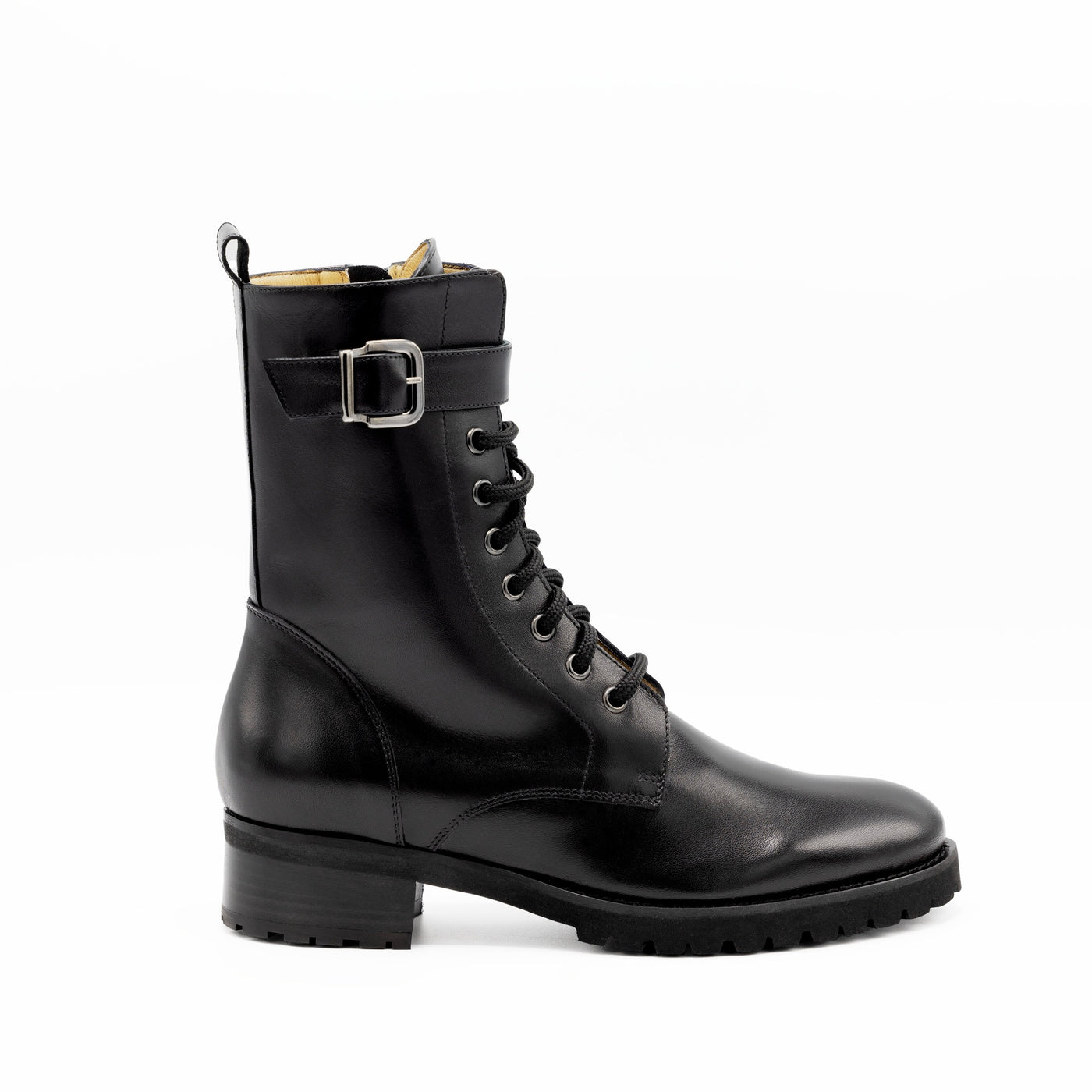 Black leather combat boots with extra light rubber soles