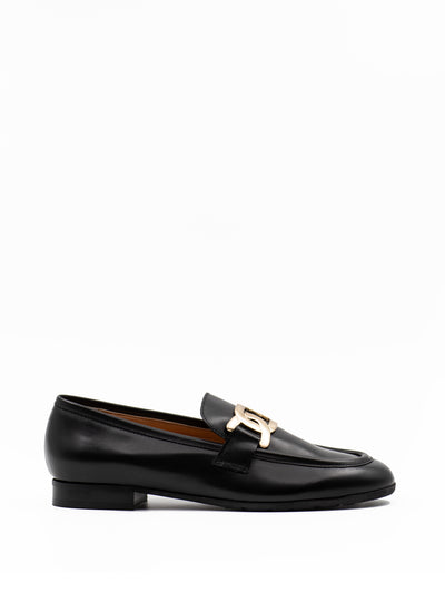 Women's black leather loafer in black leather with gold embellishment 

