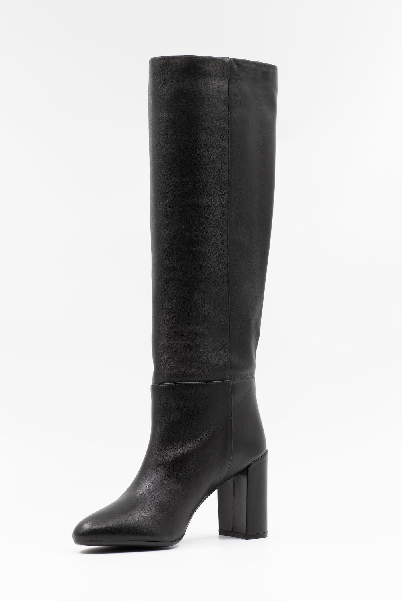 Sleek black leather boots with block heel