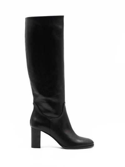 Black leather boots with a block heel
