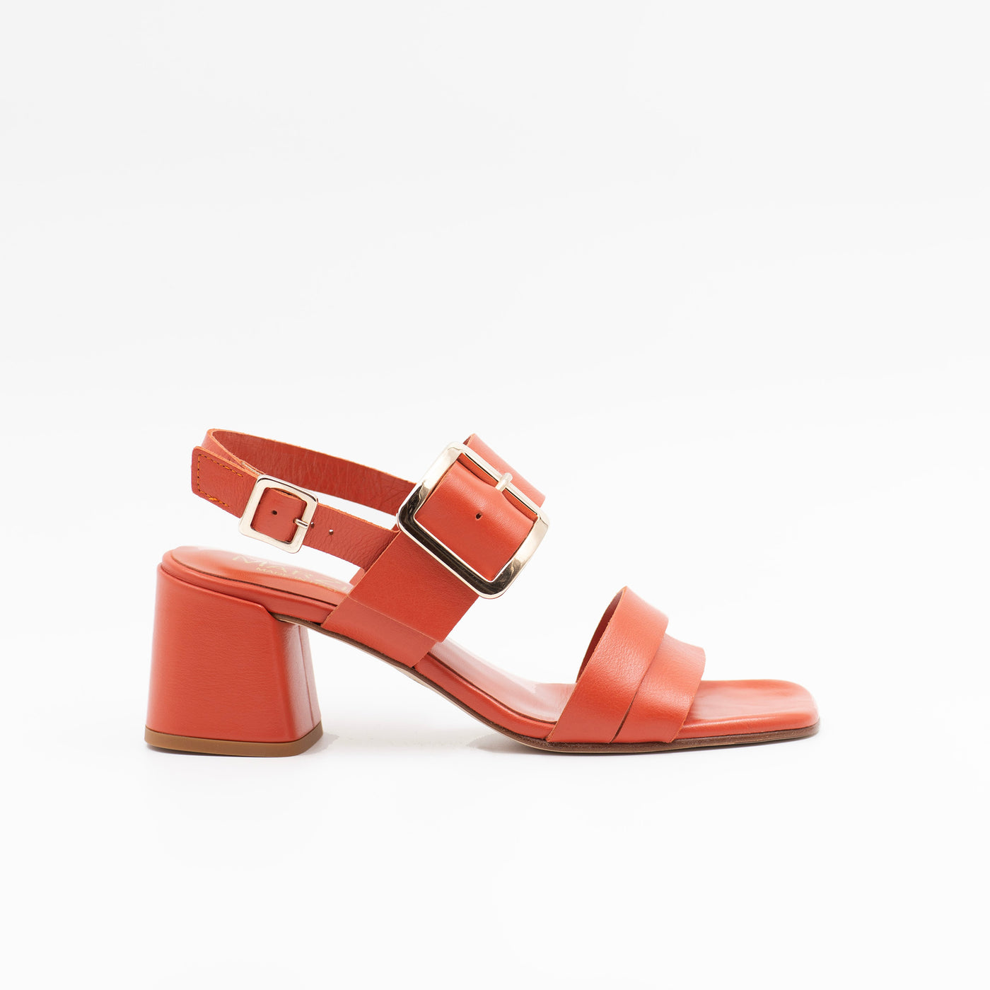 Orange leather sandals with block heel and over dimensioned buckle 