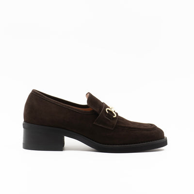 Brown heeled horsebit loafer