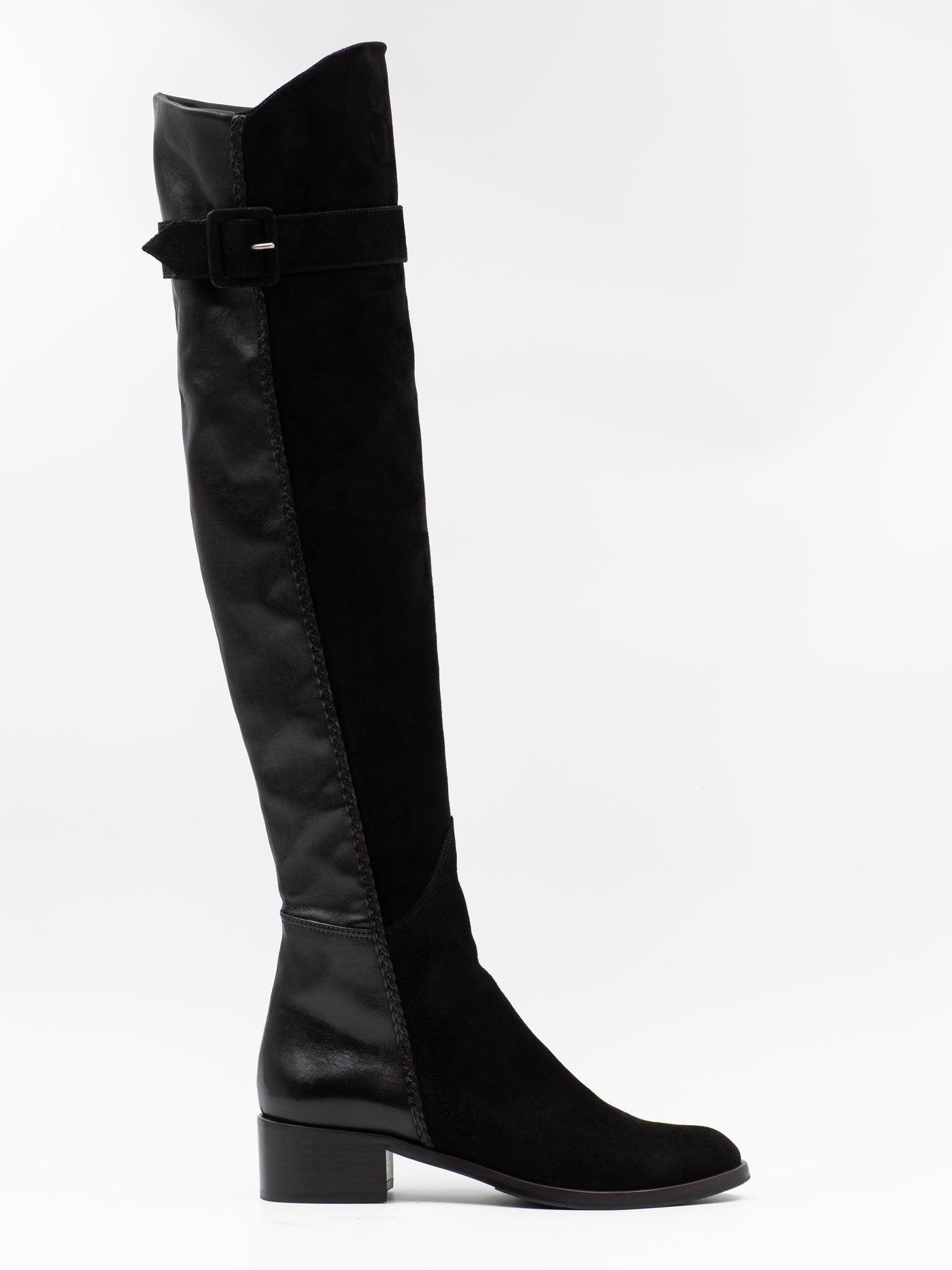 over the knee boots in black suede and black leather