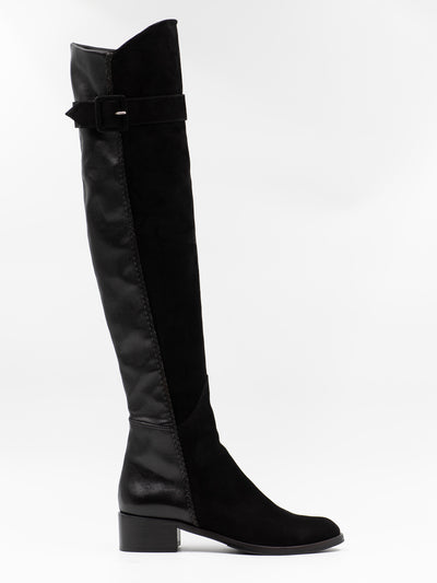 over the knee boots in black suede and black leather
