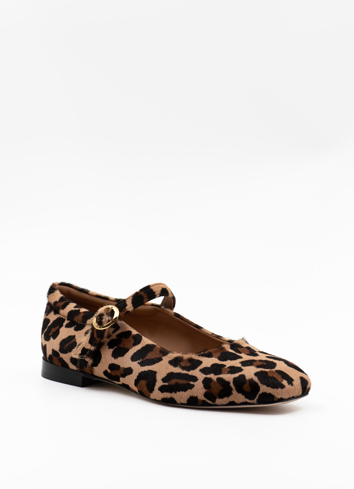 Square-toe Mary Jane flats in leopard pony hair