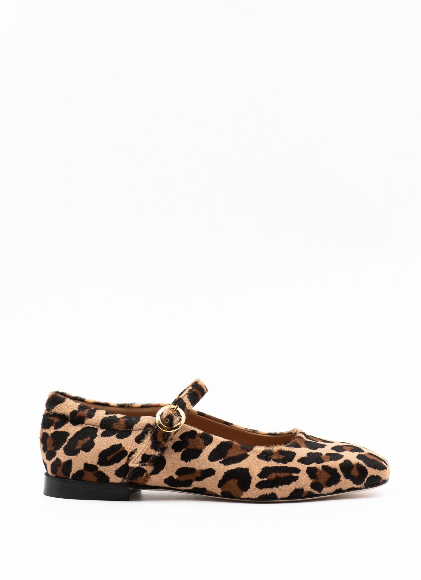 Square-toe Mary Jane flats in leopard pony hair