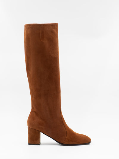 Brown suede leather boot with a wide shaft