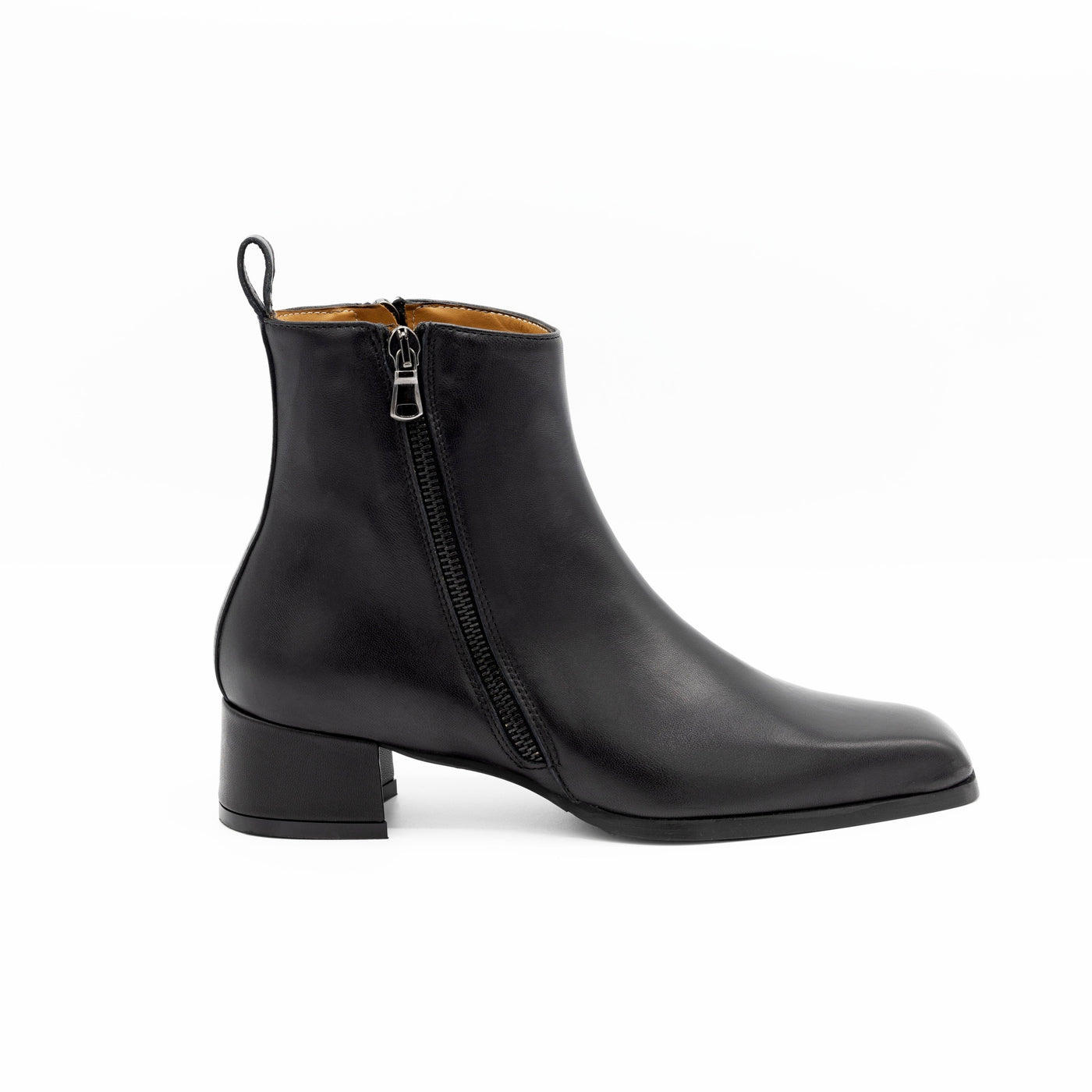 Black leather ankle boots with zippers