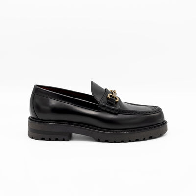 Black chunky loafer with horsebit