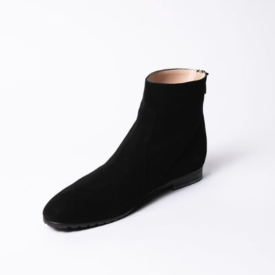 Simple black suede ankle boots with round toe and rubber soles. 