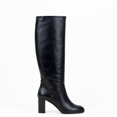 Women's black leather boots with block heel