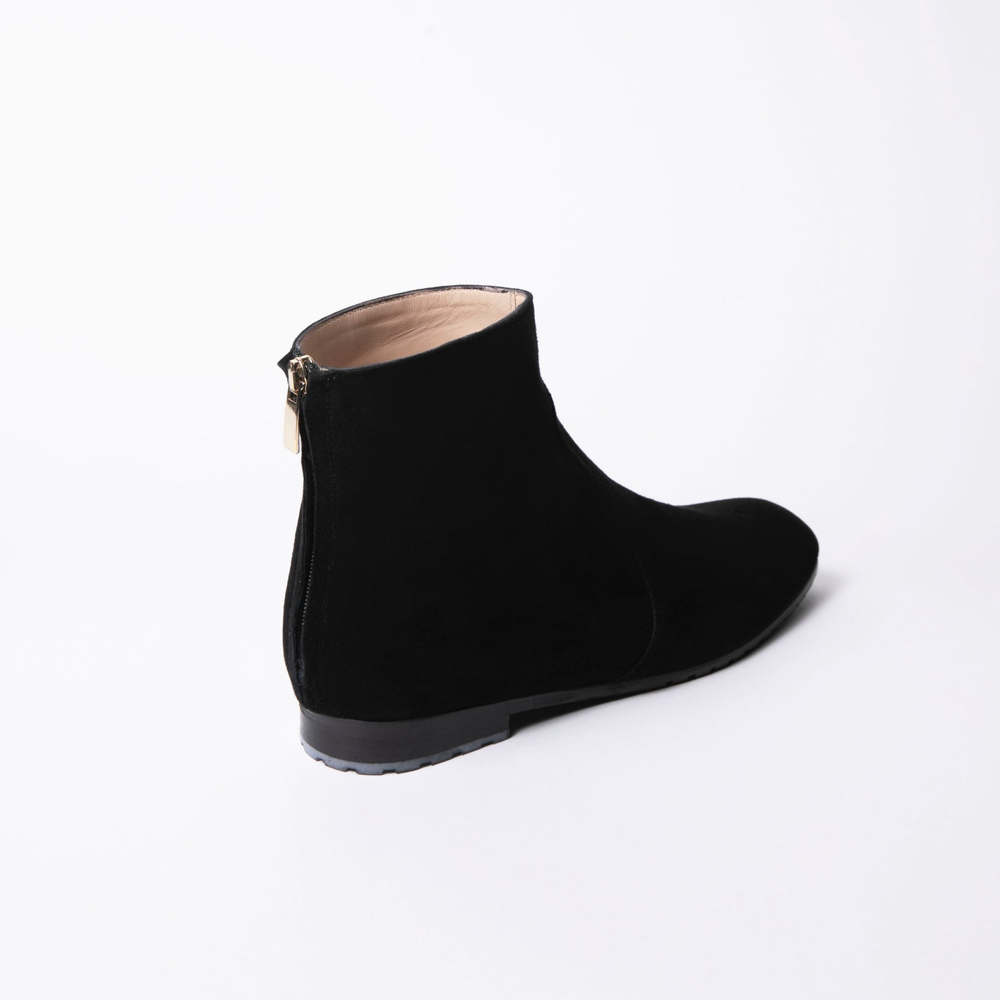Flat black suede ankle boots with zipper in the back. 