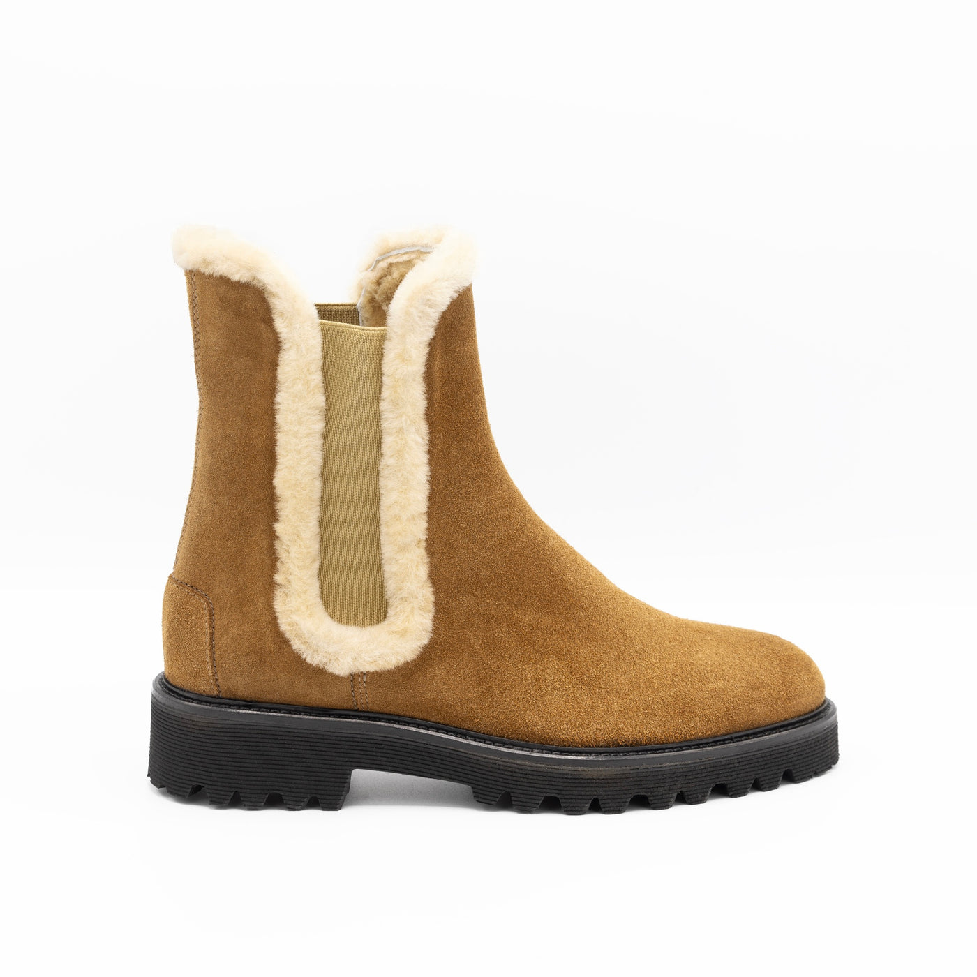 Light brown shearling trimmed Chelsea boots