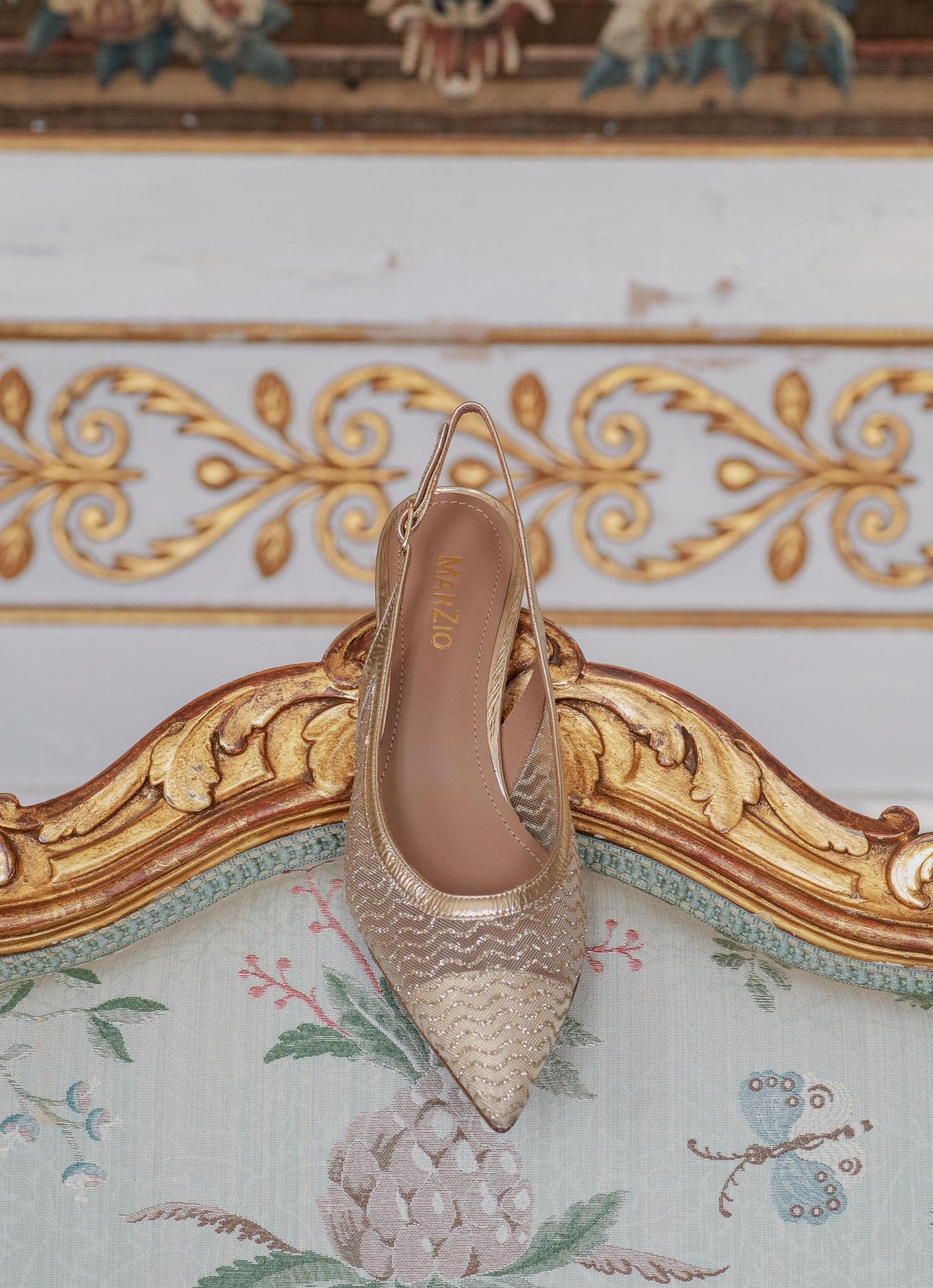 Gold mesh slingback
