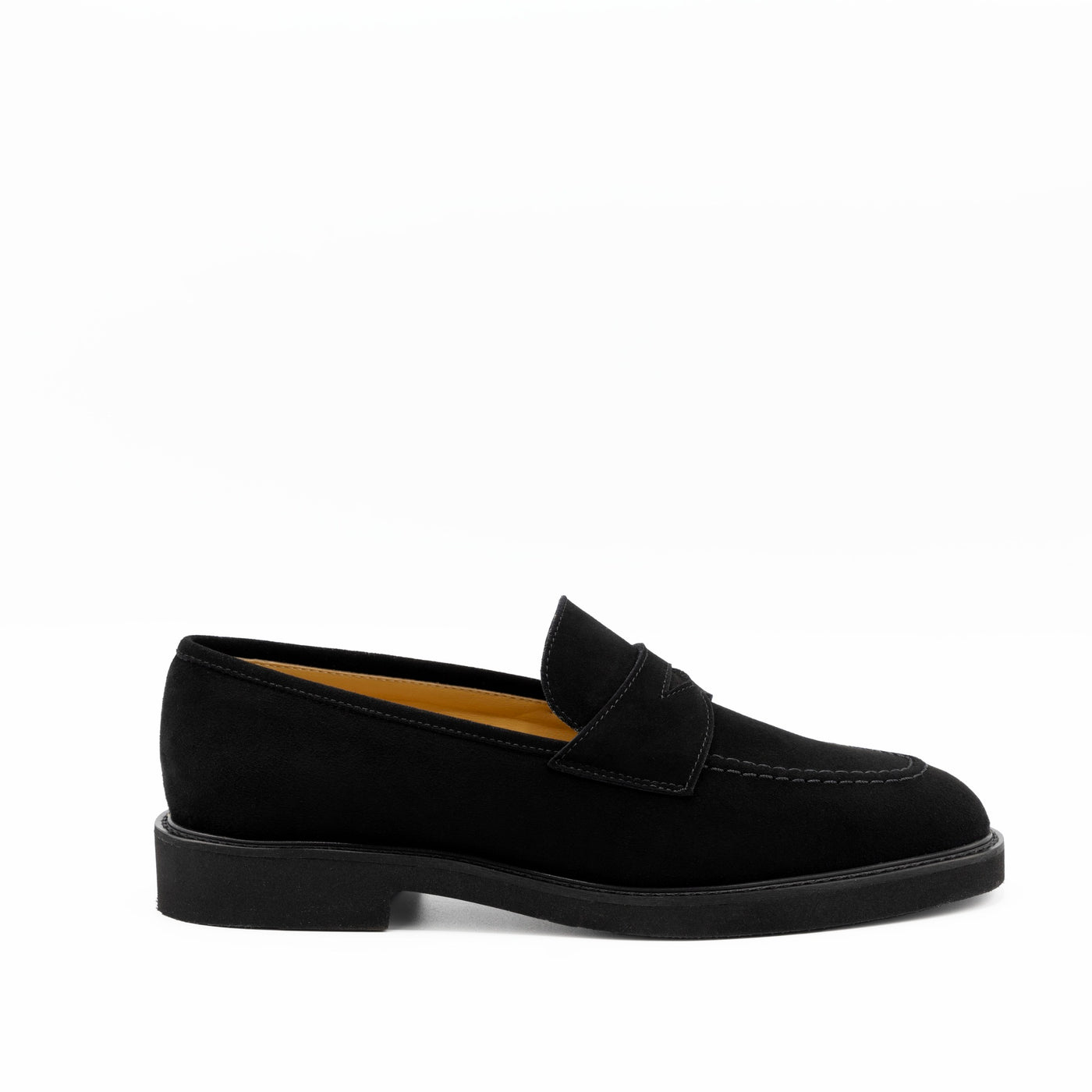 Black suede loafers with rubber soles