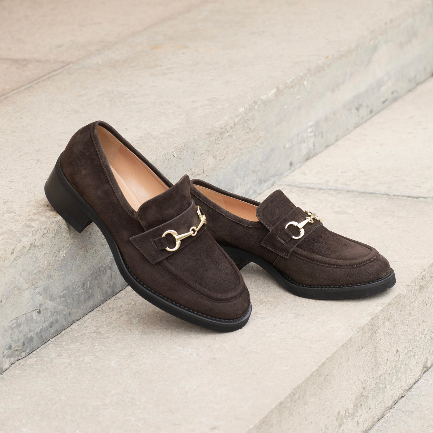 Brown suede loafers with heel and horsebit