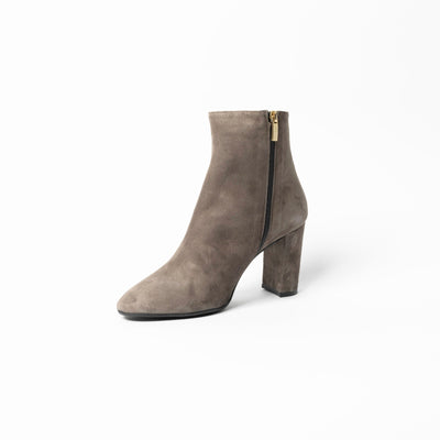 Block heel ankle boots in grey suede leather.