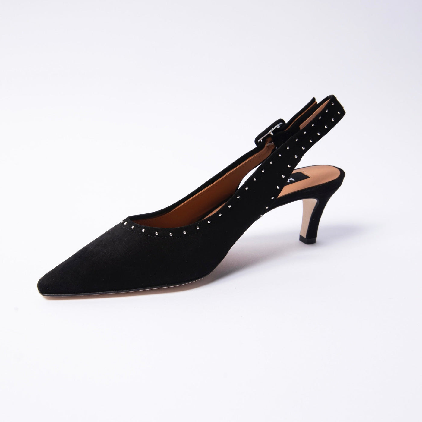 Black suede slingback sandals with decorative silver studs.