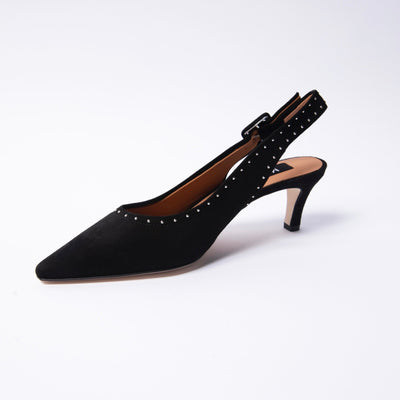 Black suede slingback sandals with decorative silver studs.