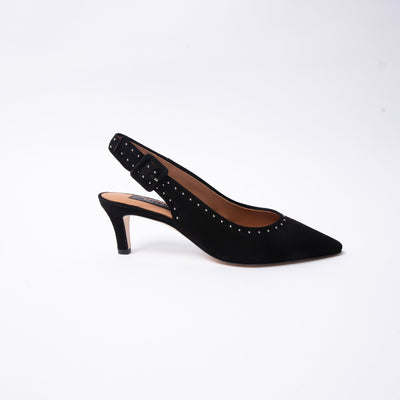 Black suede slingback sandals with decorative silver studs.