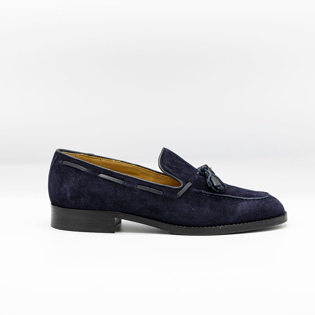 Women's navy suede leather loafers with tassels 