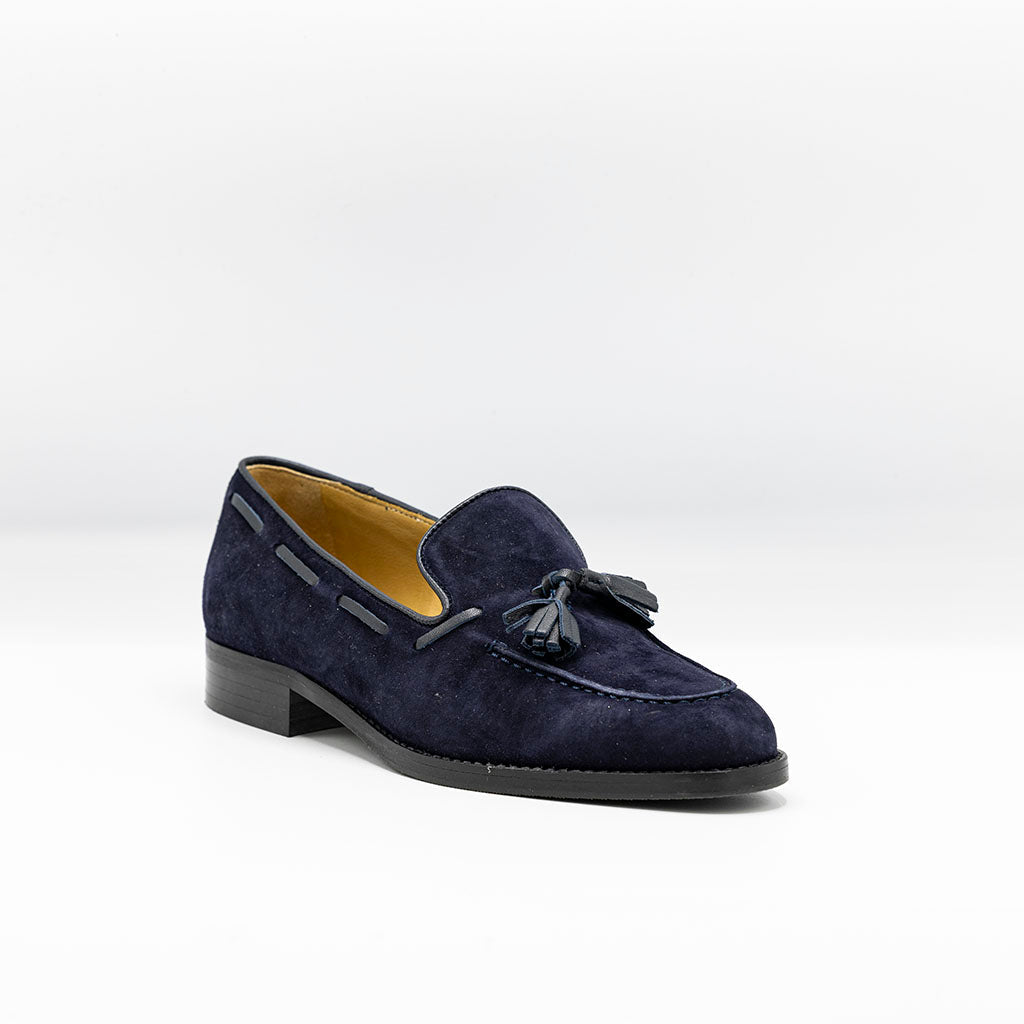 Women's navy suede leather loafers with tassels 