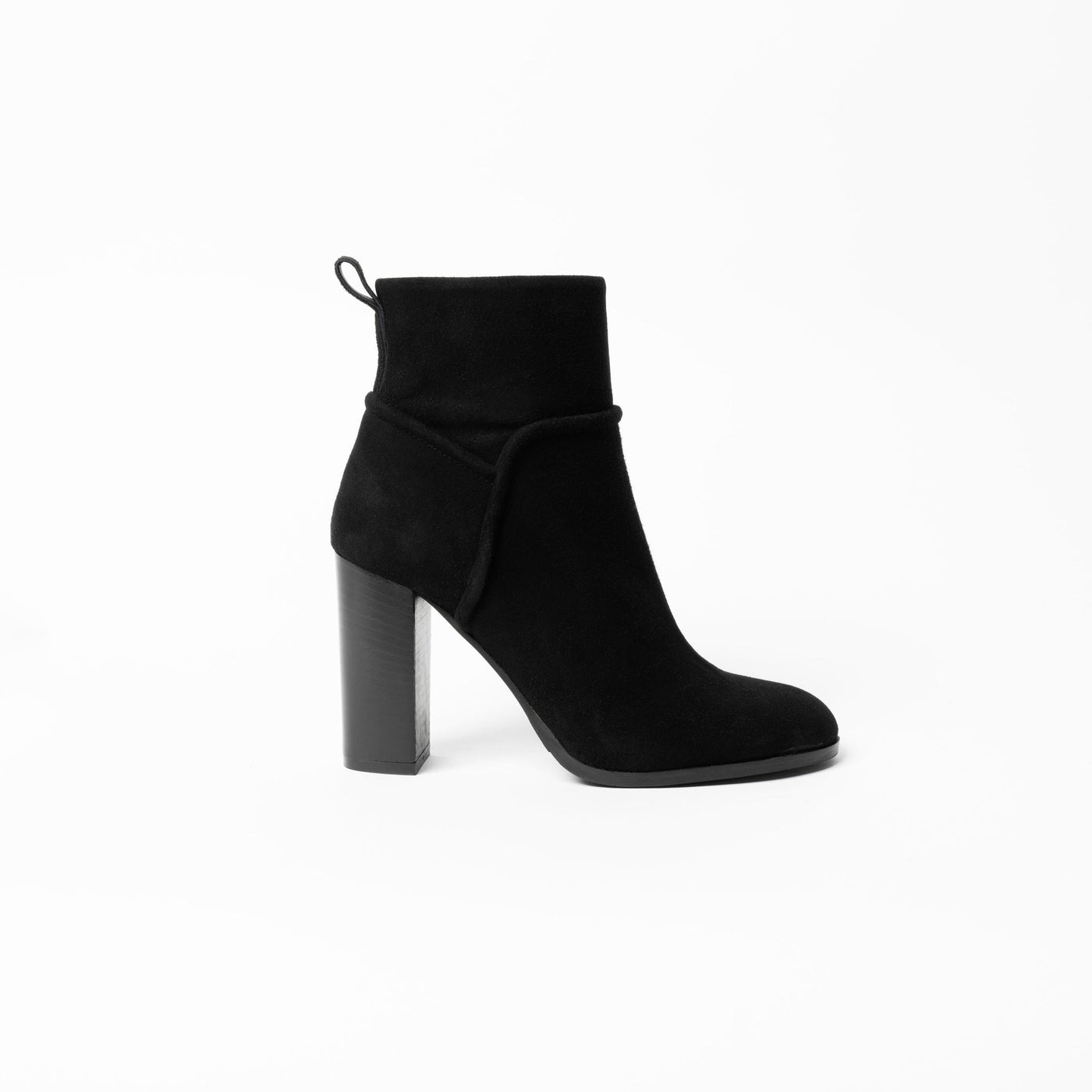 Black suede leather ankle boots with block heels. 