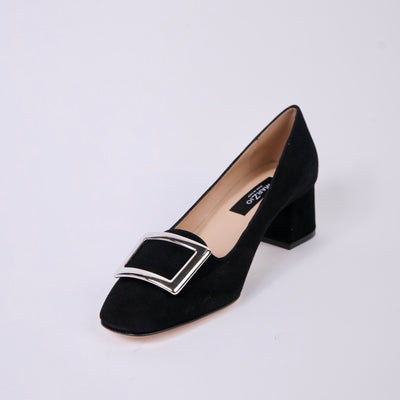 Block Heeled Pump with Silver Buckle