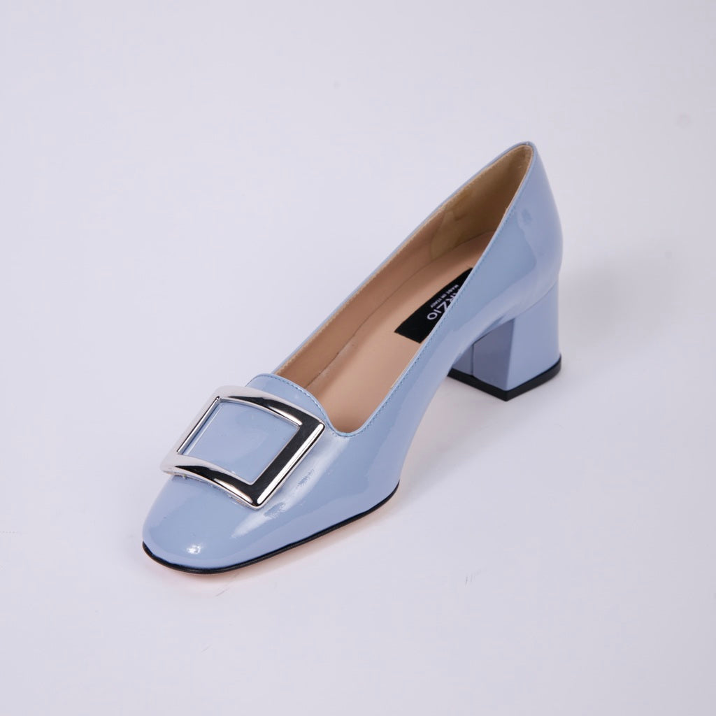 Block Heeled Pump with Silver Buckle