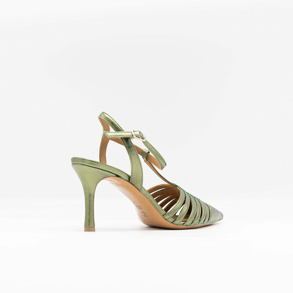 Caged green metallic leather sandal