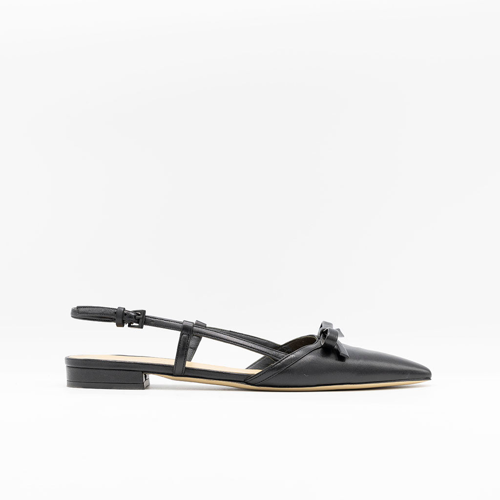 Black point-toe leather slingbacks with bow