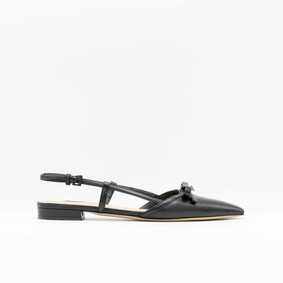Black point-toe leather slingbacks with bow