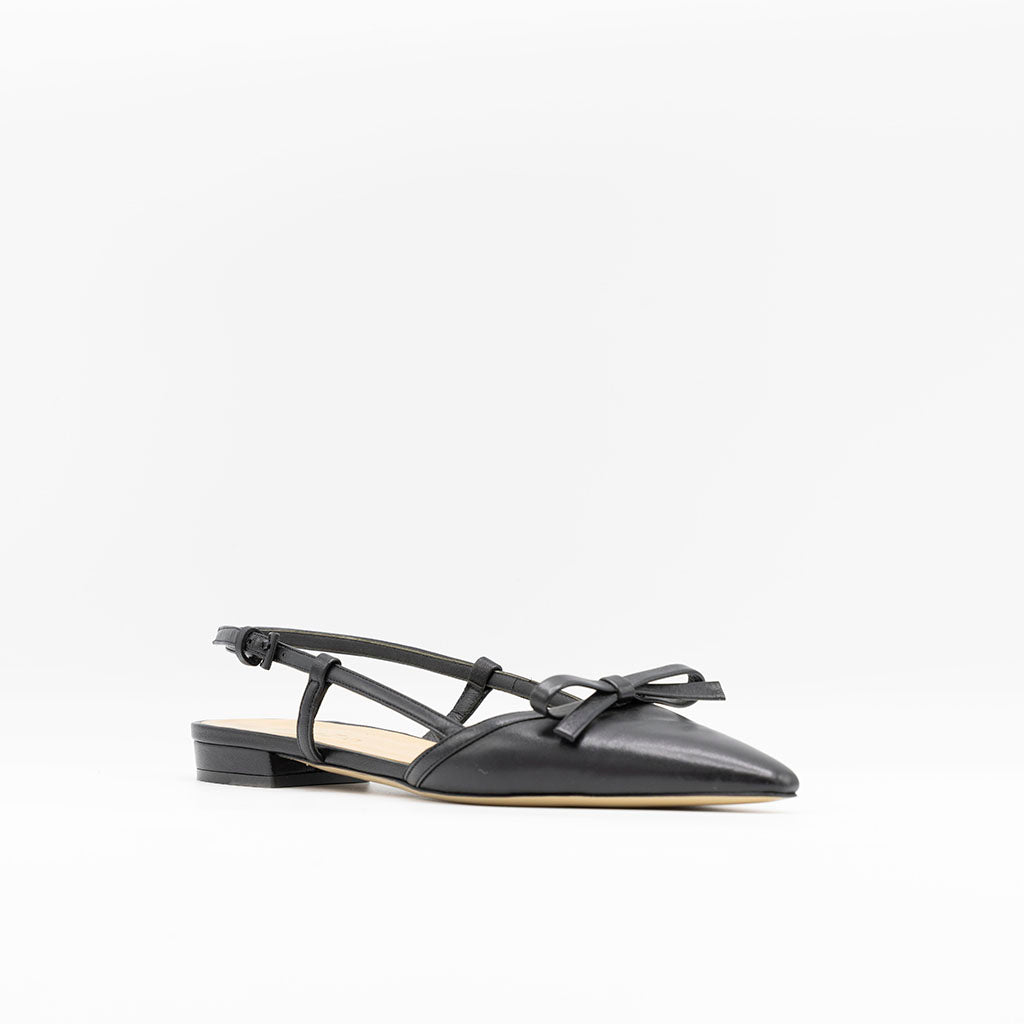 Point-toe black leather slingbacks