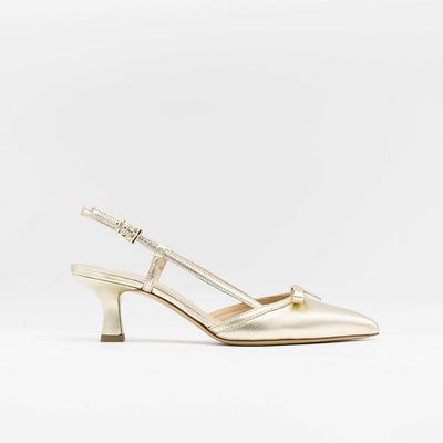  Gold leather slingback sandals with a bow