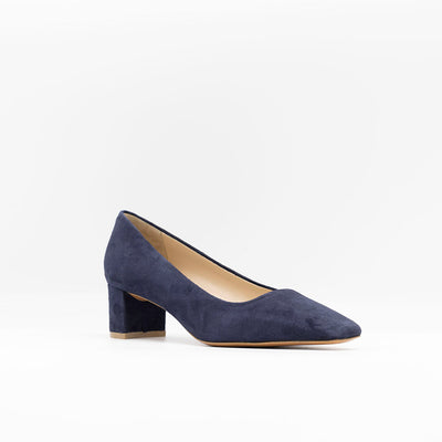 Square toe pumps with mid block heel in navy suede. Set on leather soles. 