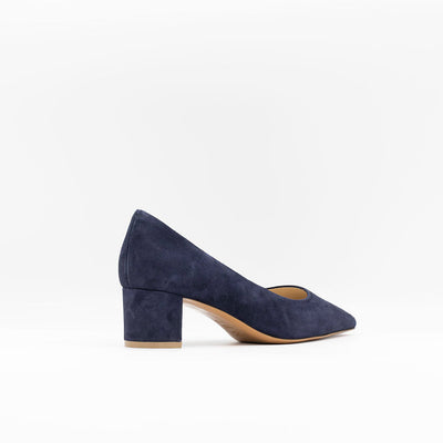 Block Heeled Pump in Blue Suede with Slightly slanted heel and square toe. 