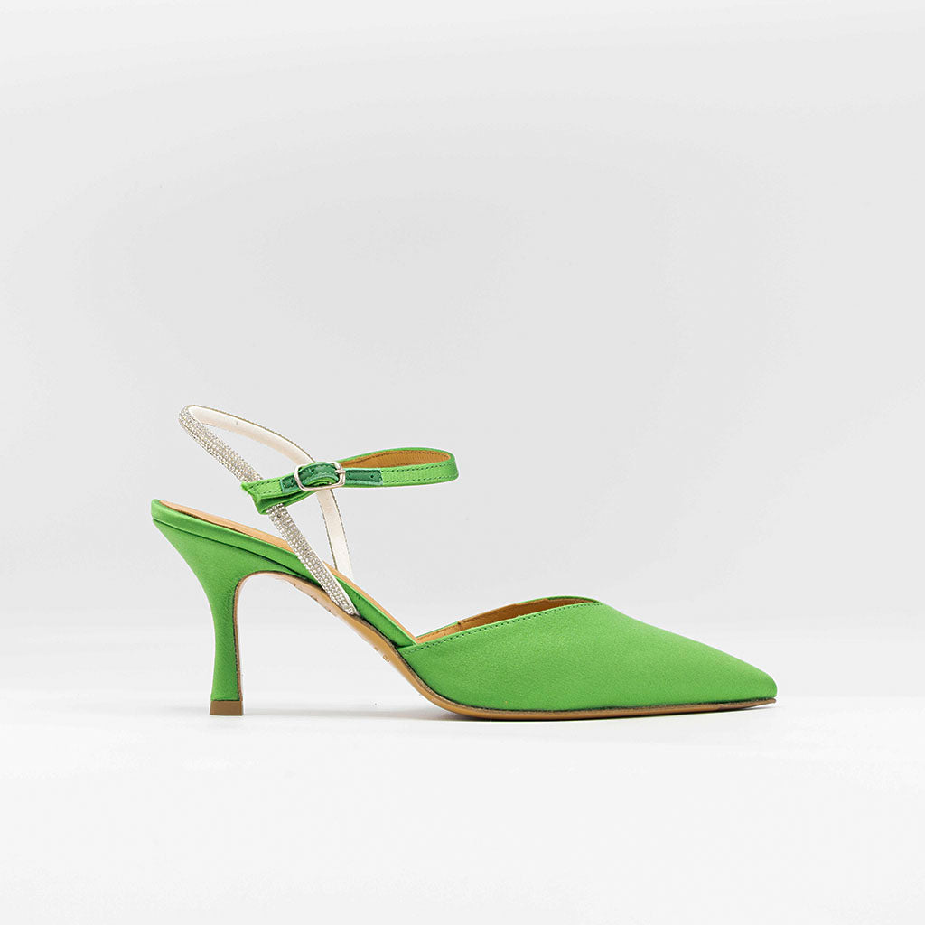 Embellished green satin pumps with embellished ankle strap.