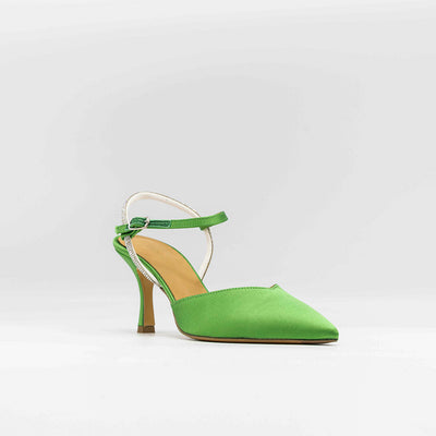 Embellished green satin pumps with strass ankle strap