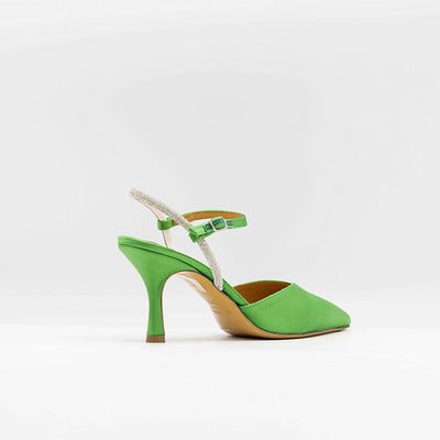 Green satin pumps with glitter ankle strap.
