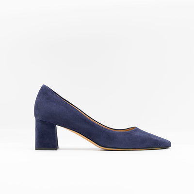 Block Heeled Pump in Blue Suede with Slightly slanted heel and square toe. 