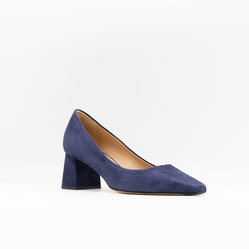 Block Heeled Pump in Blue Suede with Slightly slanted heel and square toe. 