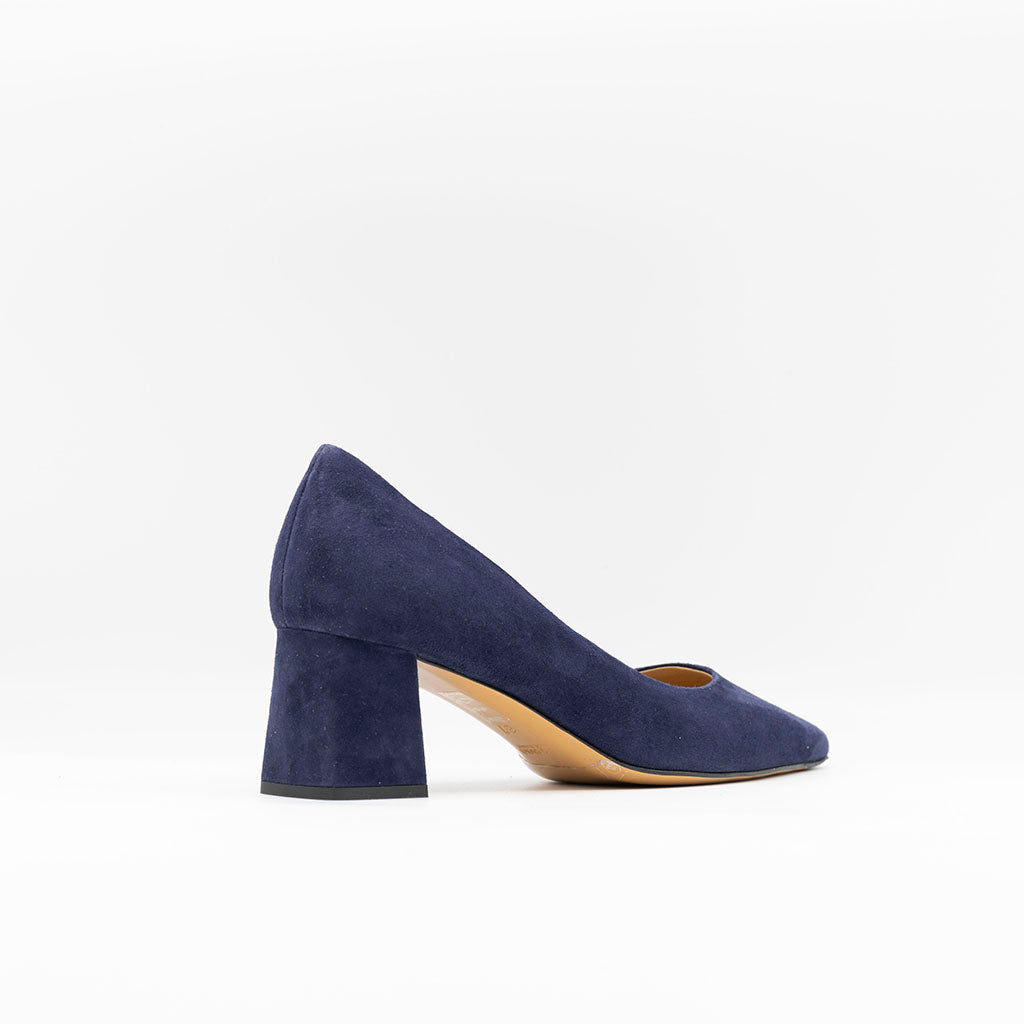 Block Heeled Pump in Blue Suede with Slightly slanted heel and square toe. 