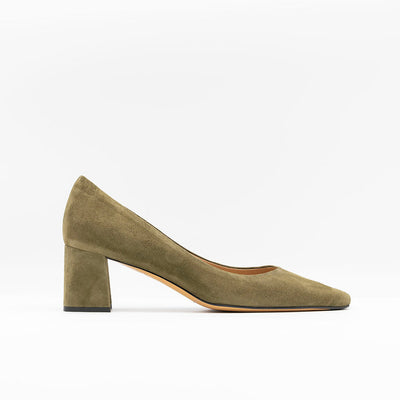 Block Heeled Pump with Slightly Slanted Heel in Khaki Green Suede.
