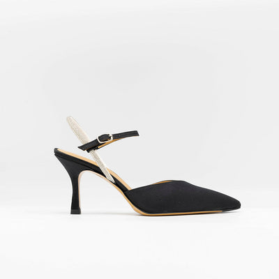  Black silk satin pumps with embellished ankle strap. 