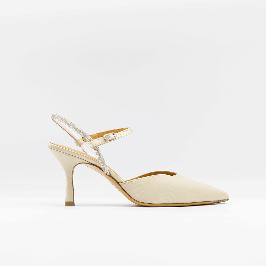  Beige satin embellished pumps with sprakling ankle strap. 