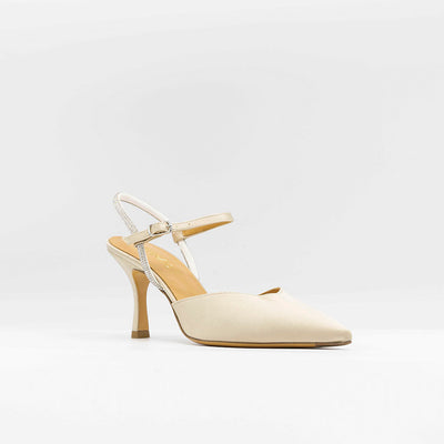 Beige satin pumps with embellished ankle strap in strass. 