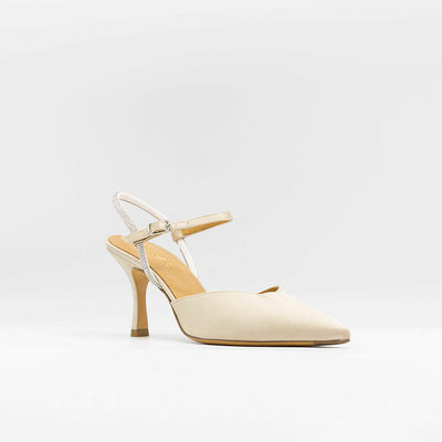 Beige satin pumps with embellished ankle strap