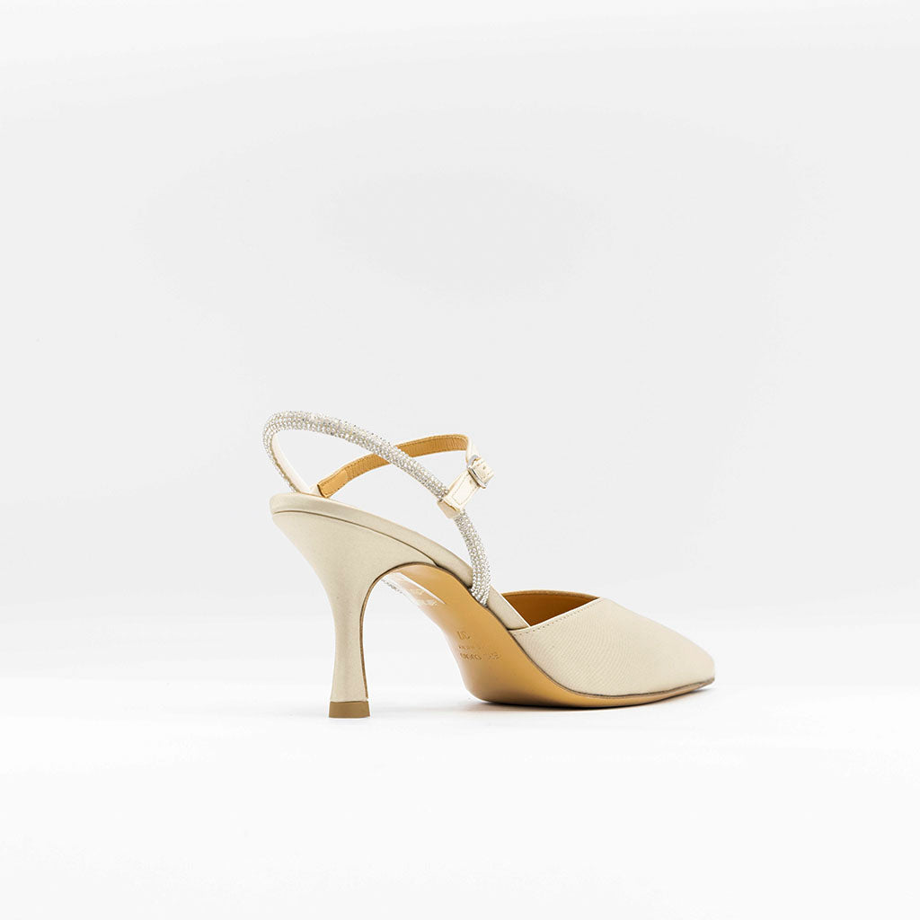 Beige silk satin pumps with sparkle ankle strap. 